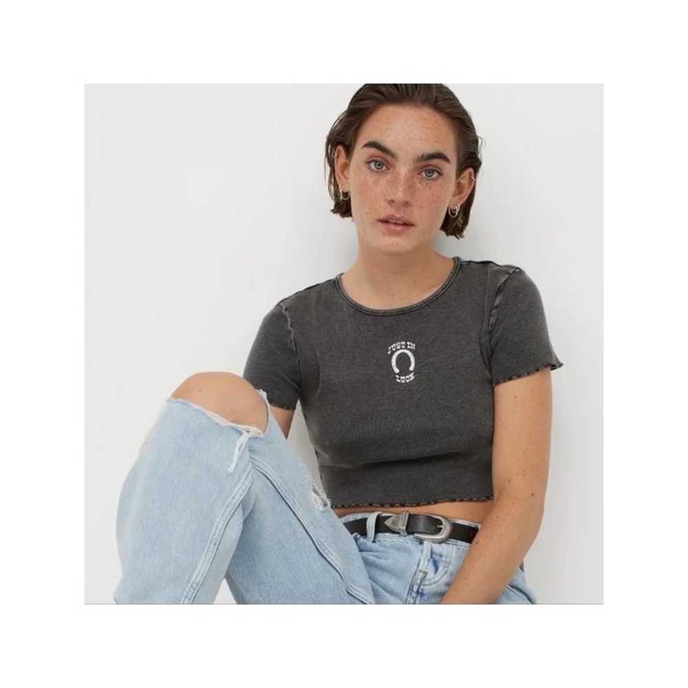 Divided Medium Just In Luck Black Crop Top with Fitted Style and Short Sleeves